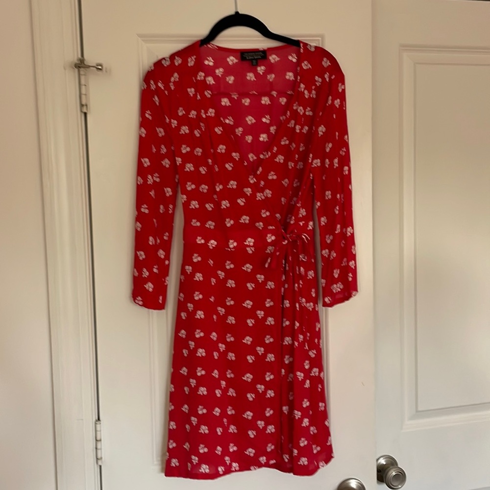 & Other Stories Red Flare Sleeve Wrap Dress with Cherry Print